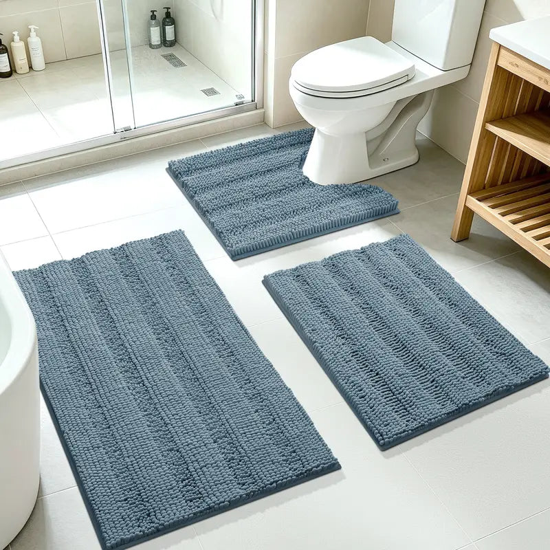 ACCUMTEK 3-Piece Soft Striped Rectangle Chenille Bathroom Rug Set - Stays Put PVC Grip, Absorbent, Plush Texture Shaggy Weave, Machine Washable for Easy Upkeep, Bathroom Accessory, High Pile