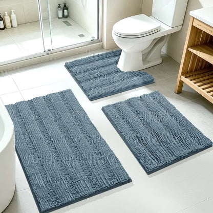 ACCUMTEK 3-Piece Soft Striped Rectangle Chenille Bathroom Rug Set - Stays Put PVC Grip, Absorbent, Plush Texture Shaggy Weave, Machine Washable for Easy Upkeep, Bathroom Accessory, High Pile