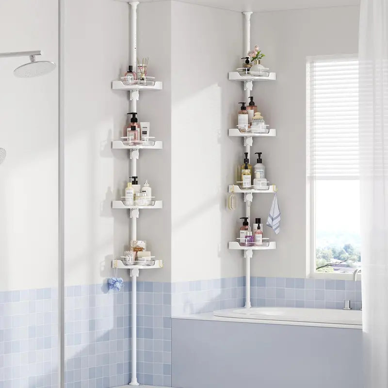MAONAME 360° Rotating Corner Shower Caddy Tension Pole Organizer - Modern Bathroom Accessory, 4-Tier Adjustable Rustproof Metal Pole, Plastic Shelves with Safety Guardrail, Drainage Keeps Shelves Drier for Organizing Bathroom