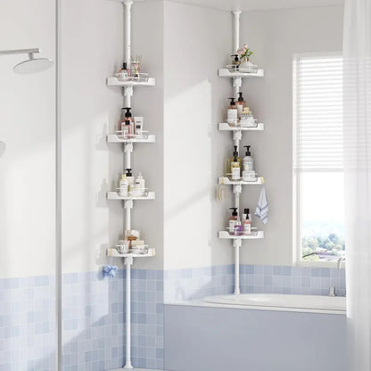 MAONAME 360° Rotating Corner Shower Caddy Tension Pole Organizer - Modern Bathroom Accessory, 4-Tier Adjustable Rustproof Metal Pole, Plastic Shelves with Safety Guardrail, Drainage Keeps Shelves Drier for Organizing Bathroom