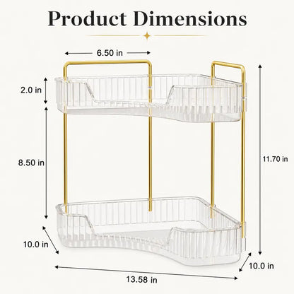 2-Tiers Plastic Corner Bathroom Counter Organizer - Gold Metal Pole Shelves, Makeup Organizer Storage Rack, Cosmetic Perfume Tray Holder for Vanity Sink, Bathroom Gadget, Bathroom Accessories