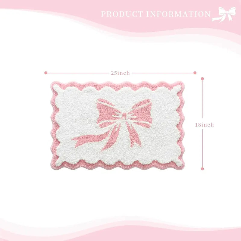 Pink and White Scalloped Edge Microfiber Pet Bath Mat - 18x25 in Rubber Slip-Resistant Bathroom Rug, Soft, Super Absorbent, Quick Drying, Machine Washable Dog & Cat Training Aid (Bow-Center Mother’s Day Gift)
