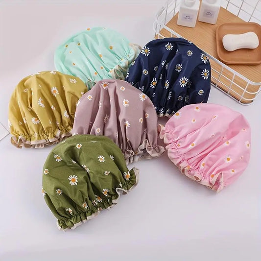 Women's Reusable Double-Layer Floral Shower Cap - Adult, One Size, Adjustable Daisy-Print Bonnet with Elastic Band for Hair Protection, Spa Use