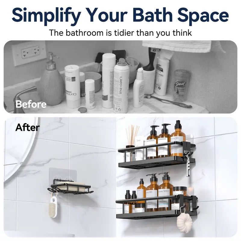 Black Wall-Mounted Steel Shower Organizer Rack Set (2pcs/5pc Black), Bathroom Decor with Tempered Glass Removable Floating Shelves, No-Drill Self-Adhesive Baskets, Hollow Drain, Rustproof Lightweight Easy-Clean Home Bathroom Supplies, Different Sizes