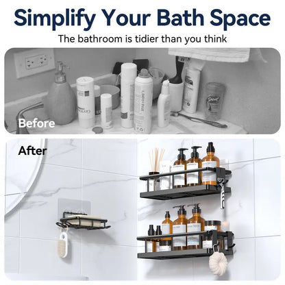 Black Wall-Mounted Steel Shower Organizer Rack Set (2pcs/5pc Black), Bathroom Decor with Tempered Glass Removable Floating Shelves, No-Drill Self-Adhesive Baskets, Hollow Drain, Rustproof Lightweight Easy-Clean Home Bathroom Supplies, Different Sizes
