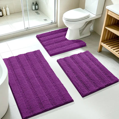 ACCUMTEK 3-Piece Soft Striped Rectangle Chenille Bathroom Rug Set - Stays Put PVC Grip, Absorbent, Plush Texture Shaggy Weave, Machine Washable for Easy Upkeep, Bathroom Accessory, High Pile