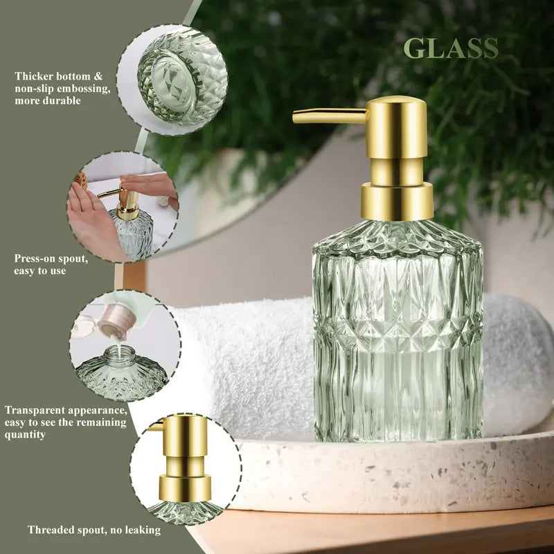 5-Pcs Green Glass Bath Accessory Kit - Vanity Countertop Organizer with Hand Soap Dispenser, Soap Dish, Toothbrush Holder, Jar, Bathroom Decoration Accessories, Vanity Decor, Green Cozy Ambiance, Mother's Day Housewarming Gift Set