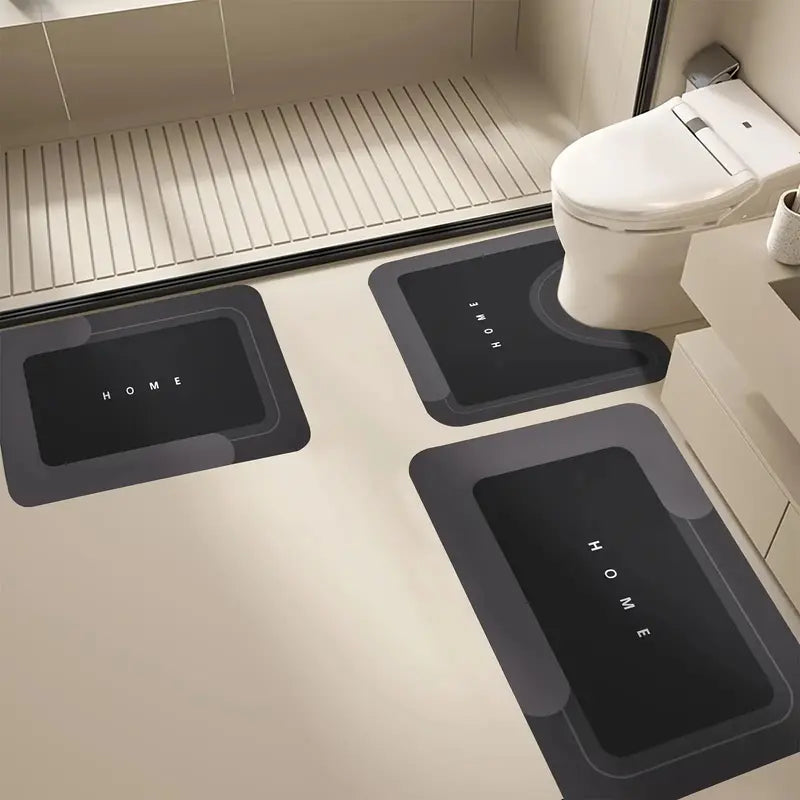 Quick Drying & Water Absorbent Bathroom Rugs 3 Piece, Anti-Slip Rubber Back Bath Mats, U Contour Toilet Rug, Sturdy Floor Mats for Shower, Tub, Bathroom and Kitchen (Black & Grey)