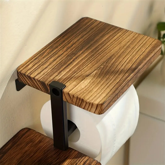 1pc Wall-Mounted Toilet Paper Holder with Shelf - Rustic Wood Bathroom Storage Rack for Tissue Rolls, Glassware, and Accessories, Space-Saving Organizer for Kitchen & Bathroom, Toilet Accessories, Bathroom Decor Supplies, Bathroom Accessory