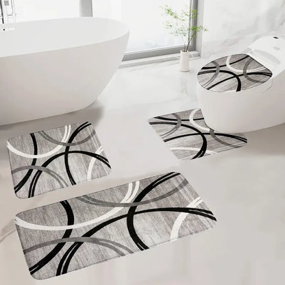 3/4pcs Grey Black White Curved Line Flannel Bathroom Mat Set, Non-Slip Absorbent Bath Rugs, U-Shaped Toilet Cover, Washable Complete Shower Mat Kit