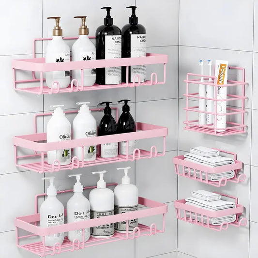 PHANCIR 6 PCS Corner Shower Caddy, No Drilling Stainless Steel Shower Storage Rack with Hooks & Toothpaste Holder for Bathroom, Pink