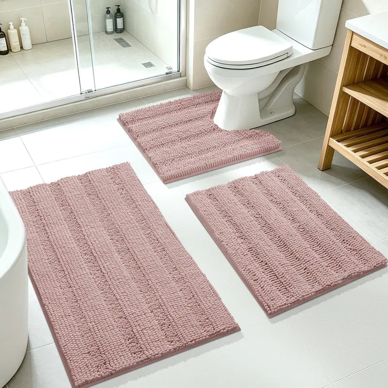 ACCUMTEK 3-Piece Soft Striped Rectangle Chenille Bathroom Rug Set - Stays Put PVC Grip, Absorbent, Plush Texture Shaggy Weave, Machine Washable for Easy Upkeep, Bathroom Accessory, High Pile