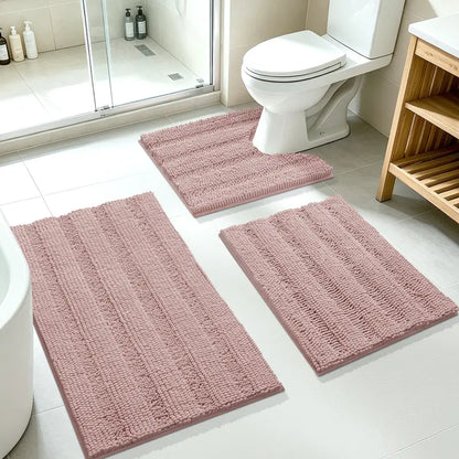 ACCUMTEK 3-Piece Soft Striped Rectangle Chenille Bathroom Rug Set - Stays Put PVC Grip, Absorbent, Plush Texture Shaggy Weave, Machine Washable for Easy Upkeep, Bathroom Accessory, High Pile