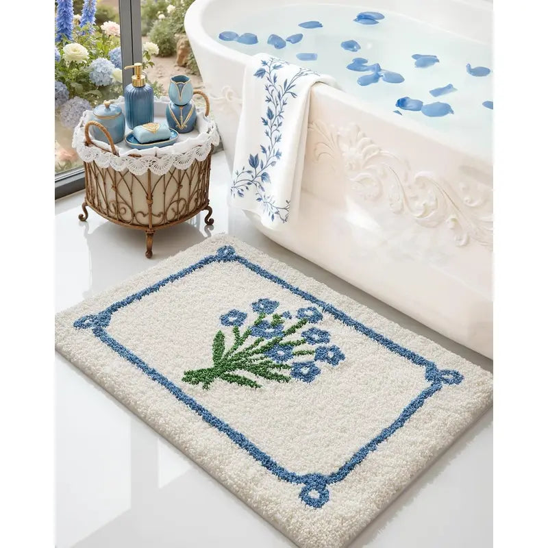 DEXI Traditional Rectangle Bathroom Rug Set - 20x32in Cozy Microfiber Bath Mat with Anti-Slip Pad, Highly Absorbent, Stops Floor Bunching, Durable, Cold-Washable, Easy-Clean, Quick-Dry (Prints: Green Leaf/Pink Flower/Beige)