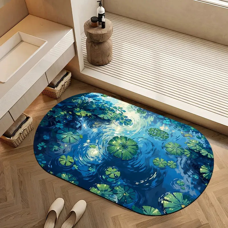 Monet Style Water Lily Pond & Ripple Absorbent Diatomaceous Earth Oval Bath Mat Non Slip Rubber Backed Fast Dry Shower Mat Thin Bathroom Rugs Floor Mat