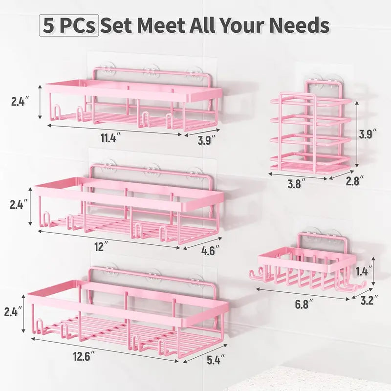 【Back to School】Blush Pink 5-Piece Round Self-Adhesive Shower Organizer Set - No-Drill, Hollow Stainless Steel Wall Mount, Rust-Proof Waterproof Bathroom Gadget with Large Shampoo Basket, Toothbrush Holder, Soap Rack for Dorm Rooms, Bathroom Decor