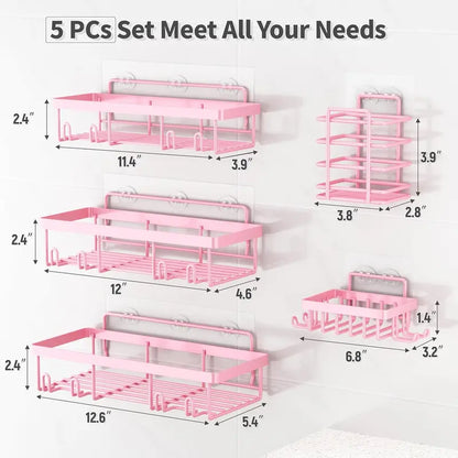【Back to School】Blush Pink 5-Piece Round Self-Adhesive Shower Organizer Set - No-Drill, Hollow Stainless Steel Wall Mount, Rust-Proof Waterproof Bathroom Gadget with Large Shampoo Basket, Toothbrush Holder, Soap Rack for Dorm Rooms, Bathroom Decor