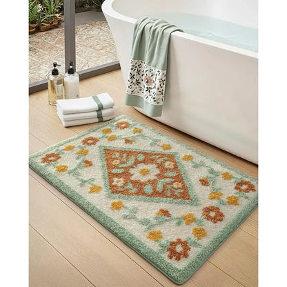 DEXI Traditional Rectangle Bathroom Rug Set - 20x32in Cozy Microfiber Bath Mat with Anti-Slip Pad, Highly Absorbent, Stops Floor Bunching, Durable, Cold-Washable, Easy-Clean, Quick-Dry (Prints: Green Leaf/Pink Flower/Beige)