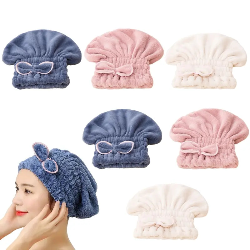 6PCS Microfiber Hair Drying Caps with Bow-Knot Women Elastic Hair Drying Towels Head Wrap Cap Absorbent Fast Drying Hair Turban Wrap Towels Super Soft Shower Hair Bath Cap for Curly Long Wet Hair ﻿