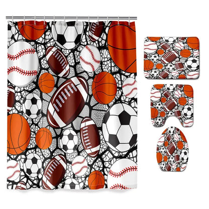 Boys' 4-Piece Washable Polyester Printed Bathroom Shower Curtain Sets - Quick Dry, Includes Shower Curtain, Toilet Seat Cover, Matching Hooks, for Daily Bath Set Decor, Four Piece