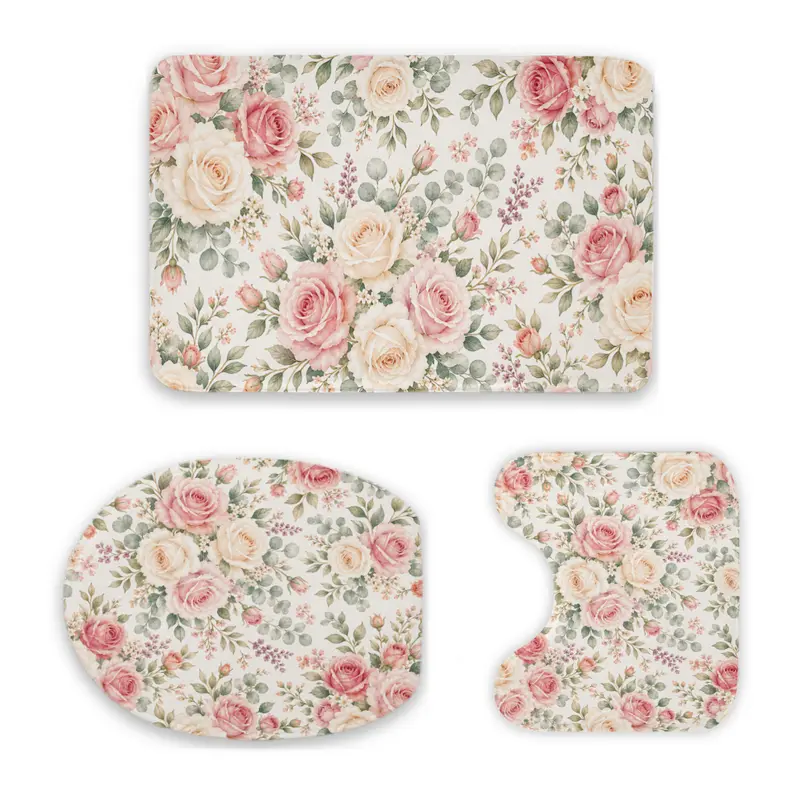 Vintage Pink Rose 3-Piece Bathroom Combo Set - Shabby Chic Polyester Floral Print Flowers Bath Mats, U-Shaped Toilet Rug, Lid Cover, Soft Absorbent Cushioned Anti-Slip, Washable, French Country Home Supply, Mother’s Day Gift