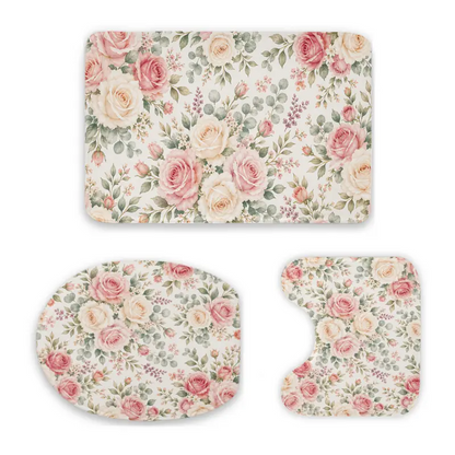 Vintage Pink Rose 3-Piece Bathroom Combo Set - Shabby Chic Polyester Floral Print Flowers Bath Mats, U-Shaped Toilet Rug, Lid Cover, Soft Absorbent Cushioned Anti-Slip, Washable, French Country Home Supply, Mother’s Day Gift