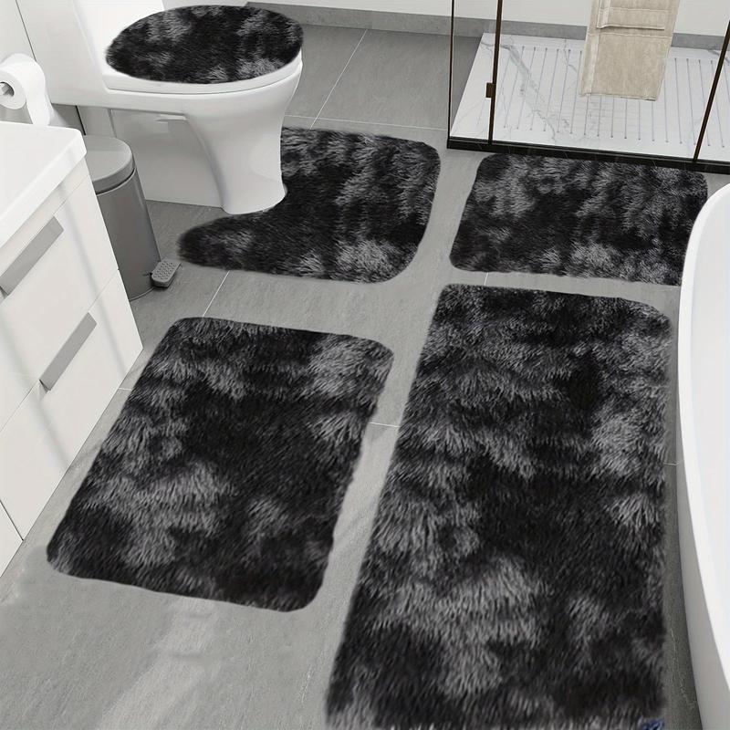 5pcs Bathroom Rugs Combo Set - Bathroom Accessory with Rectangle Toilet Cover, U-Shaped Contour Mat, Synthetic Water Absorbent Bathmat, Slip-Safe Footing, Washable Rug, Easy Daily Care for Bathtub/Shower (Black)