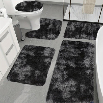 5pcs Bathroom Rugs Combo Set - Bathroom Accessory with Rectangle Toilet Cover, U-Shaped Contour Mat, Synthetic Water Absorbent Bathmat, Slip-Safe Footing, Washable Rug, Easy Daily Care for Bathtub/Shower (Black)