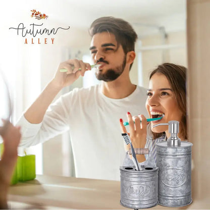 Autumn Alley 2-Piece Galvanized Rustic Bathroom Accessory Set with Soap Dispenser, Toothbrush Brush Holder - Farmhouse Bathroom Accessories Household Bathroom Gadget Bathroom Decor Supplies