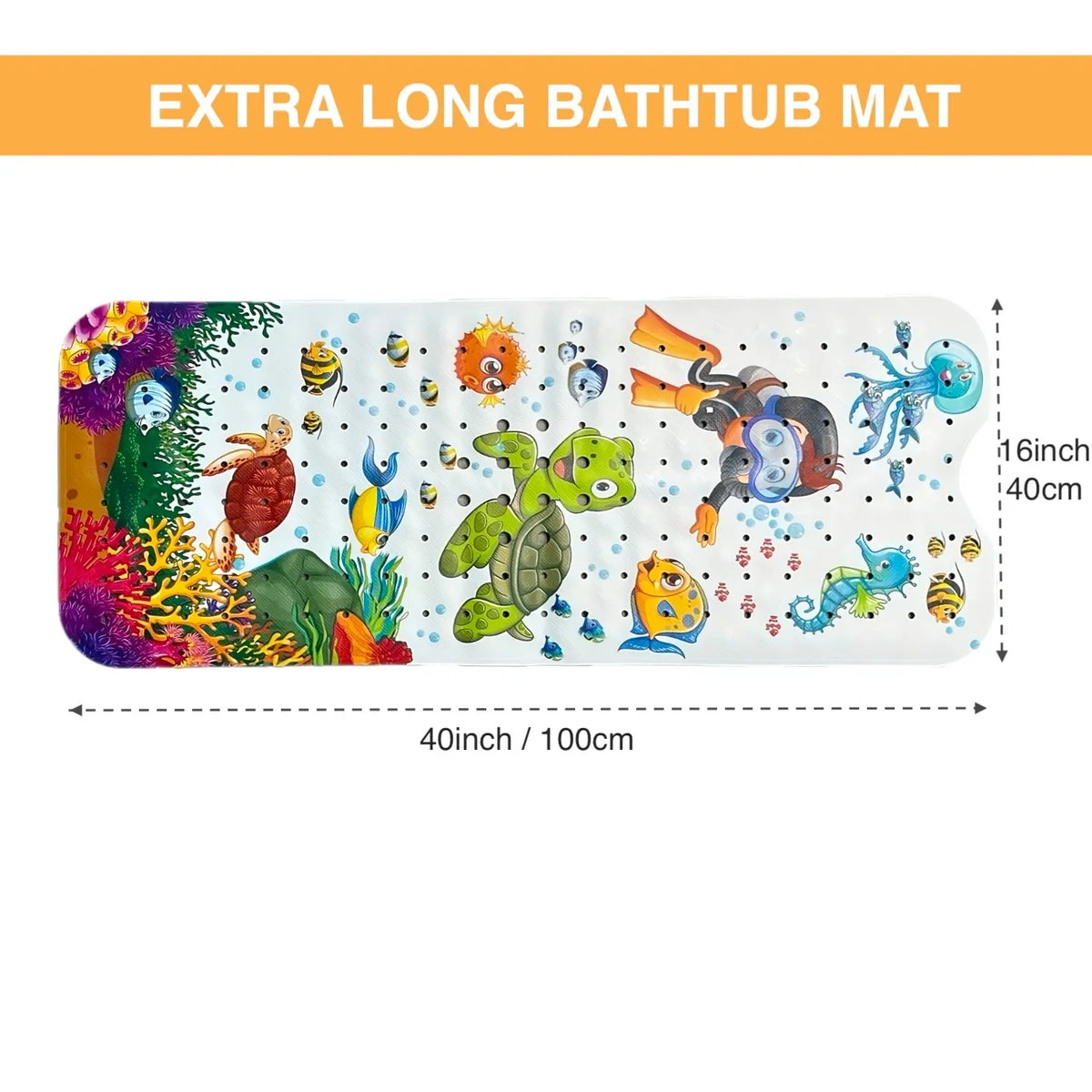 1pc Baby Bath Mat for Tub Kids Cute Fun Bath Mat Non Slip Bathtub Mat Extra Long 40X16 Inch Shower Mat Toddler Anti Slip Bathroom Tub Mat with Suction Cups & Drain Holes (Sea World) Sea Turtles and Divers, Machine Washable, Turtle Diver, Bath Matt