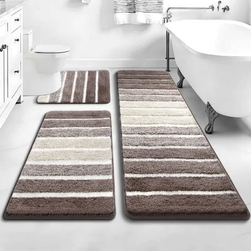 [SeptemberStockUp] HEBE Boho 3-Piece Washable Shaggy Bath Rugs Set, Non-Slip Stays Put Grip Absorbent Microfiber Mats with U-Shaped Contour Toilet Rug, Traditional Look Aztec Western Carpet for Tub/Shower Indoor Areas