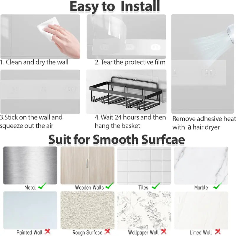 5-Piece Rustproof Stainless Steel Bathroom Organizer Set, No-Drill Self-Adhesive Shower Organizer with Holder & Shelf for Shampoo & Body Wash, Renter-Friendly Bathroom Accessory with Easy Installation