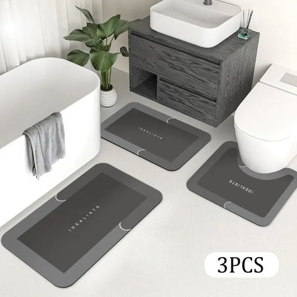 Geometric 3-Piece Modern Soft Diatomite Bathroom Rug Set, Non-Slip Square Rubber Floor Mat, U-Shape Toilet Mat, Quick-Dry Absorbent for Bathroom Home Decor, Diatomite Bathroom Mat