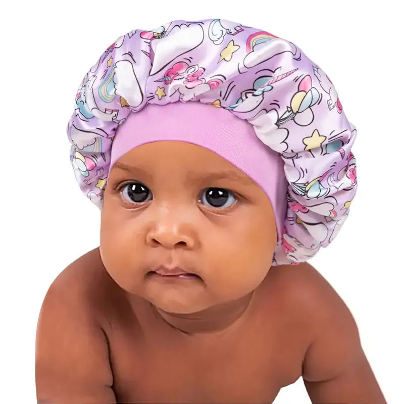 Child's Silk-Like Satin Sleep Bonnet - Snug Fit Hair Care Cover for Sleep & Bath, Soft Printed Reusable Breathable Sport Rainwear-Compatible Accessory