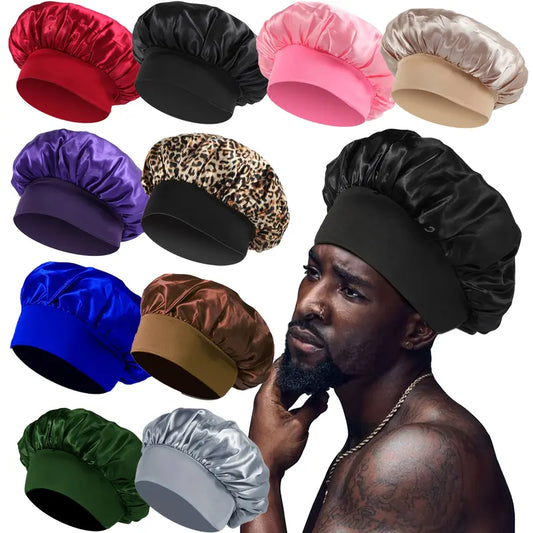 Women's 10-Piece Large Satin Bonnet Set - Solid Color Wide Band Comfortable Night Cap Hats for Adults, Reusable Shower Caps, Sleeping Hair Cover