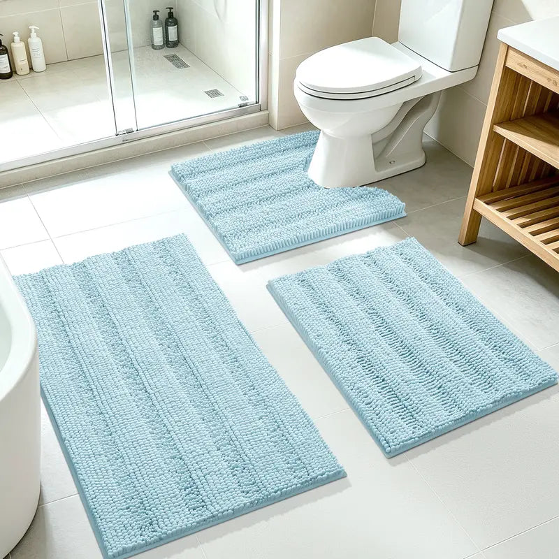 ACCUMTEK 3-Piece Soft Striped Rectangle Chenille Bathroom Rug Set - Stays Put PVC Grip, Absorbent, Plush Texture Shaggy Weave, Machine Washable for Easy Upkeep, Bathroom Accessory, High Pile