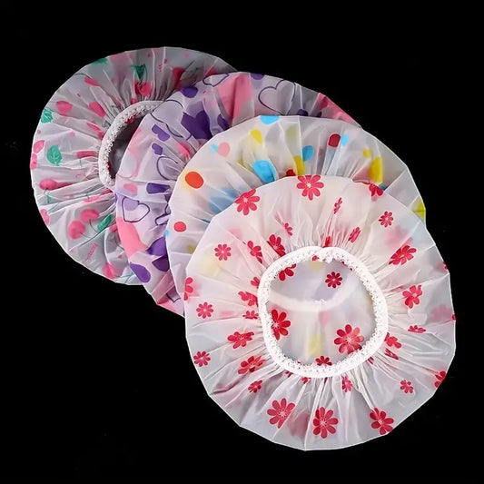 Women's 4-Piece Reusable Printed Shower Caps Set - Adjustable Elastic Bands, Polyester, Waterproof, Portable Bathroom Accessory for Adults, Spa Bathrooms