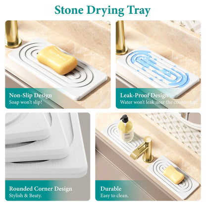 2 PCS Water Absorbing Stone Tray for Sink, Quick Drying Diatomite Bathroom Tray Countertop, Bathroom Accessory, Stone Drying Mat for Kitchen Counter Faucet, Water Absorbent Mat, Soap Dish Dispenser Vanity Organizer, Bathroom Supplies, White-A-8.3" x 4"
