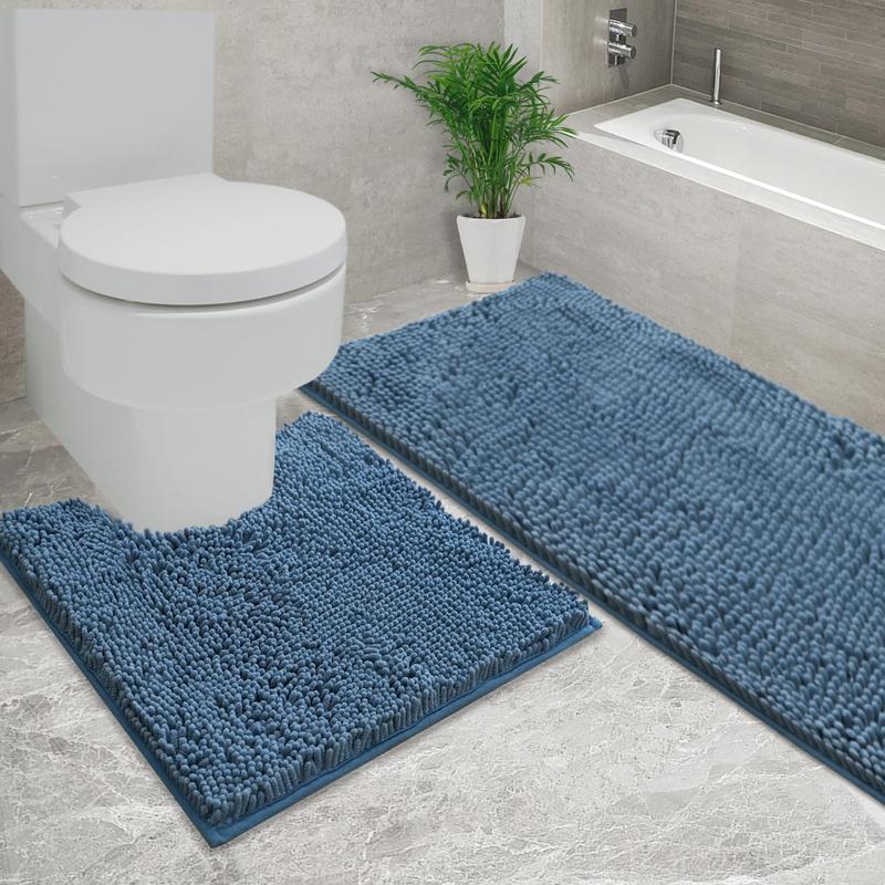 Light Gray Bathroom Mat Set (2-Piece), Synthetic Dense Pile, Super Water Absorbent Quick Dry, Sturdy PVC Base, Non-Slip, Machine Washable, Rectangle for Bathtubs