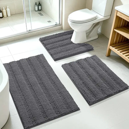 ACCUMTEK 3-Piece Soft Striped Rectangle Chenille Bathroom Rug Set - Stays Put PVC Grip, Absorbent, Plush Texture Shaggy Weave, Machine Washable for Easy Upkeep, Bathroom Accessory, High Pile