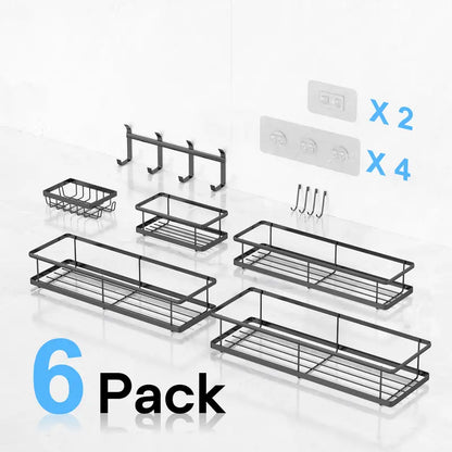 6-Pack Shower Caddy Bathroom Organizers and Storage Shelves, Rustproof Stainless Steel Shower Caddy with Hooks & Soap Dish, No Drilling Wall Mounted Storage Baskets for Bathroom, Kitchen & Toilet, Black