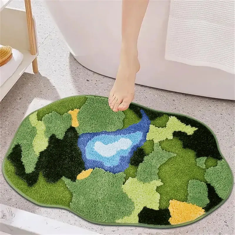 Vandleonet 3D Moss Green Microfiber Bath Mat - 32x20 in Tufted, Thick Texture, Absorbent, Quick-Dry, Plush Shaggy Fluffy, Non-Slip Backing, Cold-Wash Rustic Home Supplies for Shower Safety, Indoors, Office Decor