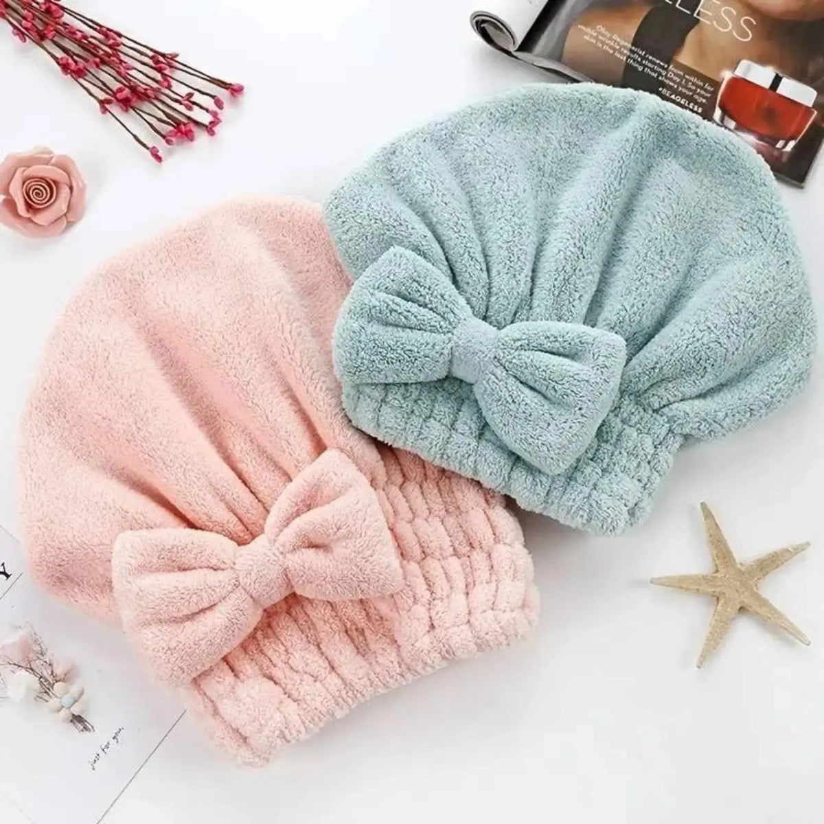 Women Bath Set With Bowknot Decor Shower Cap & Hair Drying Bonnet, Soft Super Absorbent Reusable Microfiber Hair Towel Wrap, Daily Household Personal Hair Care Supplies