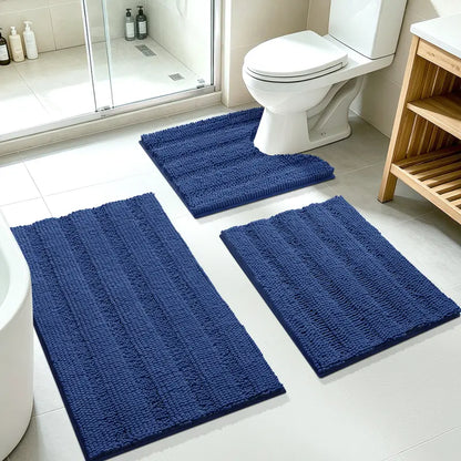 ACCUMTEK 3-Piece Soft Striped Rectangle Chenille Bathroom Rug Set - Stays Put PVC Grip, Absorbent, Plush Texture Shaggy Weave, Machine Washable for Easy Upkeep, Bathroom Accessory, High Pile