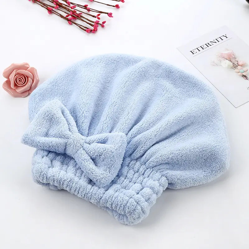 Women Bath Set With Bowknot Decor Shower Cap & Hair Drying Bonnet, Soft Super Absorbent Reusable Microfiber Hair Towel Wrap, Daily Household Personal Hair Care Supplies