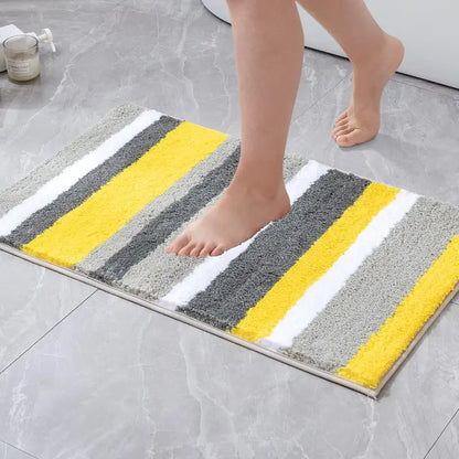Home Supplies Striped Microfiber-Rubber Rectangle Fluffy Bath Mat, 16x24 in Yellow-Grey, Non-Slip Rubber, Absorbent, Soft Plush, Quick Dry, Machine Washable, Low-Maintenance, Bathroom Tub/Entryway Floor Decor, Stripes