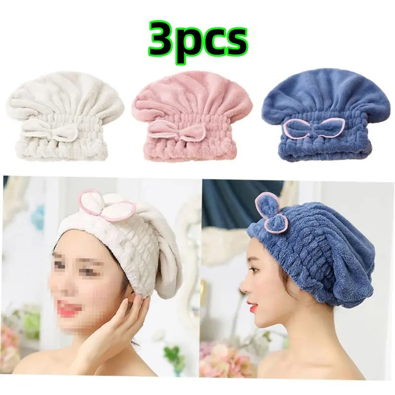 Women's 3-Piece Light Shiny Traditional Polyester Velvet Bow Dry Hair Cap Set, Soft Wet Hair Drying Tool, Beauty & Personal Care Haircare Accessory