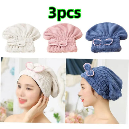 Women's 3-Piece Light Shiny Traditional Polyester Velvet Bow Dry Hair Cap Set, Soft Wet Hair Drying Tool, Beauty & Personal Care Haircare Accessory