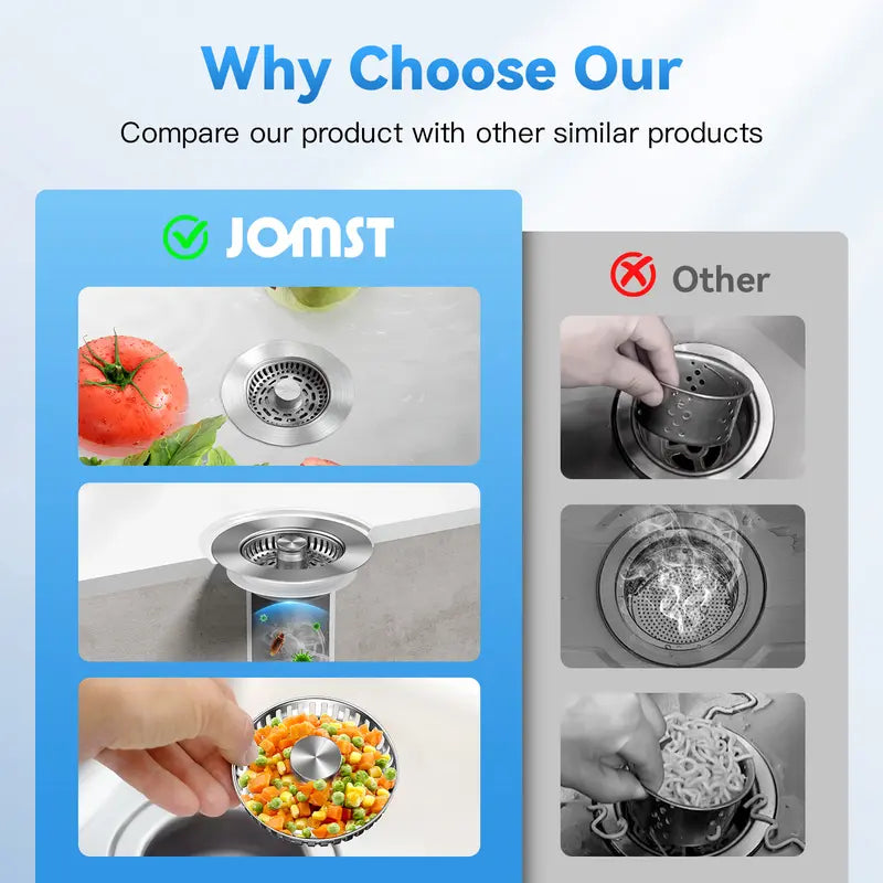 JOMST 3-in-1 Kitchen Sink Drain Strainer Stainless Steel Sink Plug Deodorizing Anti-Clog Basket Strainer for US Standard 3-1/2 Inch Drains 304 Stainless Steel Quality