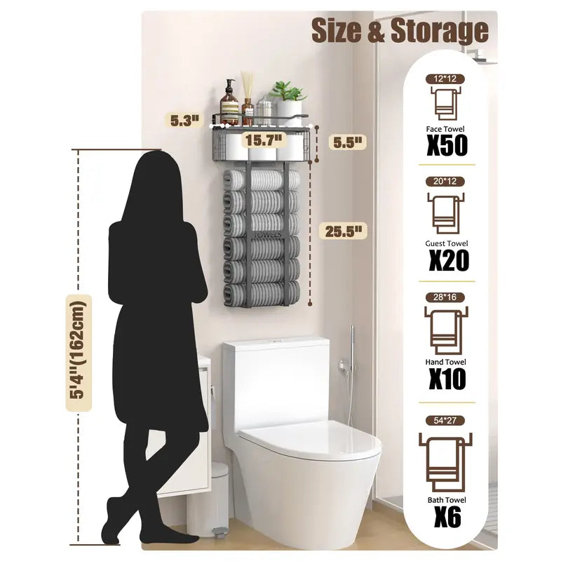 Wall Mounted Towel Rack with Floating Shelf, Black Metal Bathroom Towel Storage Organizer, Holds 6+ Rolled Towels, Multi-Purpose Towel Holder for Small Bathrooms accessories, Spa & Guest Rooms